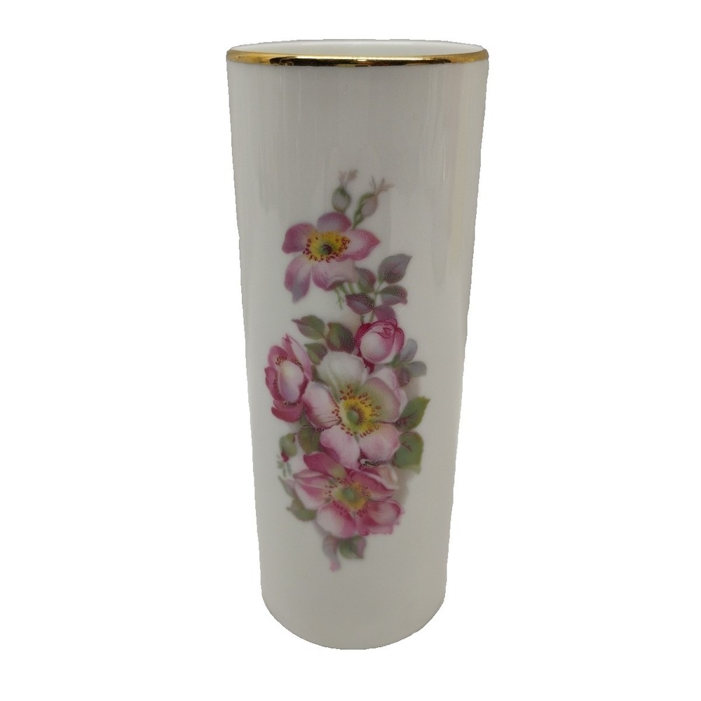 Vintage Gerold Porzellan Bud Vase, 5.25" Bavaria Germany Pink‎ Floral Gold Trim